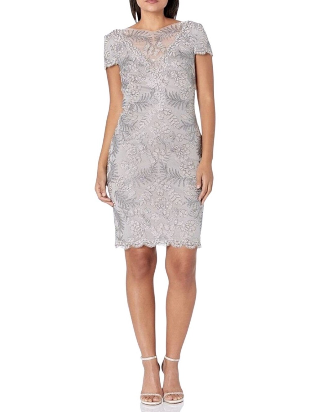 TADASHI SHOJI Pemba Silver and Gray Embroidered Cocktail Dress Size 10